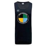 The WRS Canterbury SOCAL SANZAS RFC Tempo Vapodri Singlet is a black, sleeveless rugby jersey made with recycled polyester and VapoDri technology, featuring the Sanitas International SoCal Rugby Club's multicolor logo on the chest.