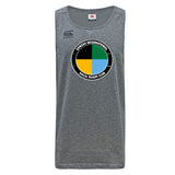 The SOCAL SANZAS RFC Tempo Vapodri Singlet by WRS Canterbury is a gray, recycled polyester, sleeveless rugby jersey featuring a circular club logo with four colored quadrants on the chest, modeled after the classic CCC Tempo Singlet.