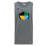 The SOCAL SANZAS RFC Tempo Vapodri Singlet by WRS Canterbury is a gray, recycled polyester, sleeveless rugby jersey featuring a circular club logo with four colored quadrants on the chest, modeled after the classic CCC Tempo Singlet.