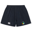 The SOCAL SANZAS RFC Yokohama Short by EMB Canterbury features a navy blue design, elastic waistband, Canterbury logo on the left leg, and a circular multicolored patch on the right, inspired by the classic Yokohama style.