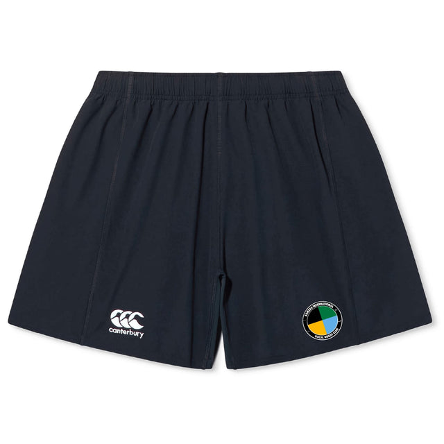 The SOCAL SANZAS RFC Yokohama Short by EMB Canterbury features a navy blue design, elastic waistband, Canterbury logo on the left leg, and a circular multicolored patch on the right, inspired by the classic Yokohama style.