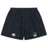 The SOCAL SANZAS RFC Yokohama Short by EMB Canterbury features a navy blue design, elastic waistband, Canterbury logo on the left leg, and a circular multicolored patch on the right, inspired by the classic Yokohama style.