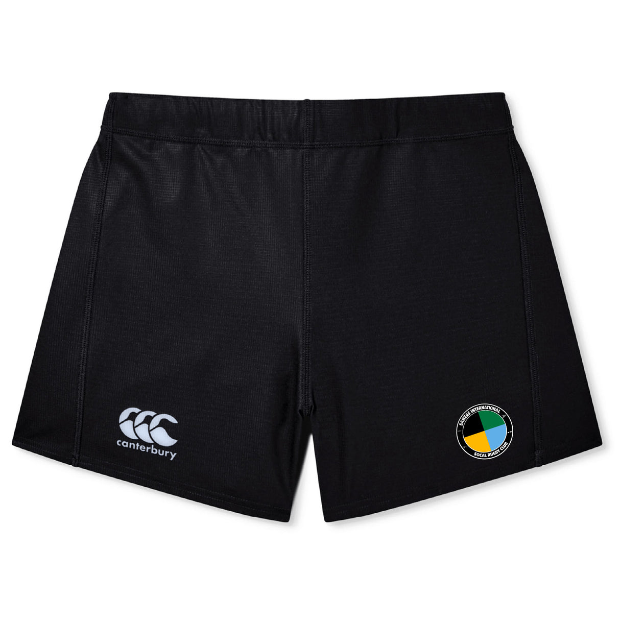 The SOCAL SANZAS RFC Women's Yokohama Short by EMB Canterbury features the iconic logo on the left leg and a green, yellow, and black patch on the right—ideal for women's rugby or athletic performance.