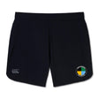 The SOCAL SANZAS RFC Women's Elite Woven Short by EMB Canterbury features zippered pockets, a circular four-color patch on one leg, and the Canterbury logo on the other—perfect for comfortable, stylish women's training.