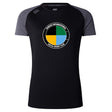 The SOCAL SANZAS RFC Women's Elite Training Tee by WRS Canterbury is a black and dark gray moisture-wicking shirt with the club logo on the chest, designed for lightweight comfort during intense workouts.