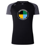 The SOCAL SANZAS RFC Women's Elite Training Tee by WRS Canterbury is a black and dark gray moisture-wicking shirt with the club logo on the chest, designed for lightweight comfort during intense workouts.