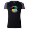 The SOCAL SANZAS RFC Women's Elite Training Tee by WRS Canterbury is a black and dark gray moisture-wicking shirt with the club logo on the chest, designed for lightweight comfort during intense workouts.