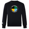 The WRS Canterbury SOCAL SANZAS RFC Club Crew Sweatshirt is black with a circular "Sanitas International Socal Rugby Club" logo in black, green, yellow, and blue, plus an embroidered CCC sleeve logo. Ultra-soft for extra comfort.