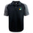 The SOCAL SANZAS RFC Elite Polo by EMB Canterbury features black and grey short sleeves, lightweight Vapodri fabric, a small multicolor circular logo on the left chest, and a subtle brand logo on the right shoulder.