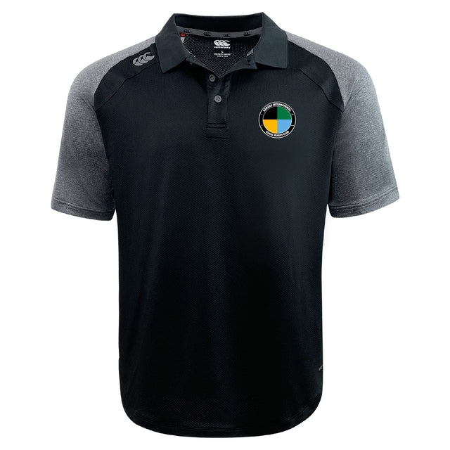 The SOCAL SANZAS RFC Elite Polo by EMB Canterbury features black and grey short sleeves, lightweight Vapodri fabric, a small multicolor circular logo on the left chest, and a subtle brand logo on the right shoulder.