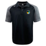 The SOCAL SANZAS RFC Elite Polo by EMB Canterbury features black and grey short sleeves, lightweight Vapodri fabric, a small multicolor circular logo on the left chest, and a subtle brand logo on the right shoulder.