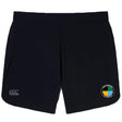 The SOCAL SANZAS RFC Elite Woven Short by EMB Canterbury features zippered pockets, a small circular green, yellow, and black logo on the right leg, and the CCC brand logo on the left—ideal for training.