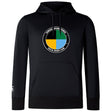 The SOCAL SANZAS RFC Club Lightweight Hoodie by WRS Canterbury is a black hoodie with a kangaroo pocket, showcasing a four-color circular logo and "Sanitas International SoCal Rugby Club" on the front.