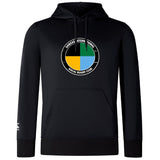 The SOCAL SANZAS RFC Club Lightweight Hoodie by WRS Canterbury is a black hoodie with a kangaroo pocket, showcasing a four-color circular logo and "Sanitas International SoCal Rugby Club" on the front.
