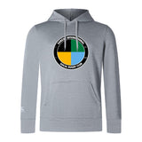 The SOCAL SANZAS RFC Club Lightweight Hoodie by WRS Canterbury is a light gray hoodie with a round, multicolor "Santa International SoCal Rugby Club" logo on the chest and a kangaroo pocket.