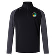 The SOCAL SANZAS RFC Elite First Layer by EMB Canterbury is a black and dark gray quarter-zip top featuring a round embroidered patch with yellow, white, green, and blue segments on the left chest.