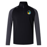 The SOCAL SANZAS RFC Elite First Layer by EMB Canterbury is a black and dark gray quarter-zip top featuring a round embroidered patch with yellow, white, green, and blue segments on the left chest.