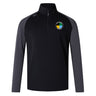 The SOCAL SANZAS RFC Elite First Layer by EMB Canterbury is a black and dark gray quarter-zip top featuring a round embroidered patch with yellow, white, green, and blue segments on the left chest.