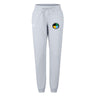 The SOCAL SANZAS RFC Women's Leisure Sweatpant by EMB Canterbury features a light gray color, drawstring waist, and a circular multicolored patch on the upper left thigh.