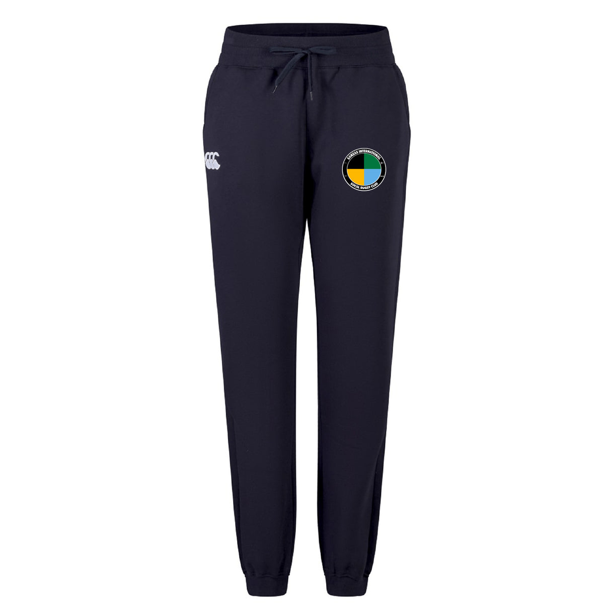 The SOCAL SANZAS RFC Women's Leisure Sweatpant by EMB Canterbury features organic cotton, elastic waistband, drawstring, side pockets, a white logo on one hip, and a circular multicolor patch—perfect for leisure.