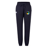 The SOCAL SANZAS RFC Women's Leisure Sweatpant by EMB Canterbury features organic cotton, elastic waistband, drawstring, side pockets, a white logo on one hip, and a circular multicolor patch—perfect for leisure.