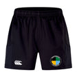 The EMB Canterbury SOCAL SANZAS RFC Advantage Short 2.0 features an elastic waistband, a white Canterbury logo on the left leg, a multicolored badge on the right, and is made with recycled content for comfort and sustainability.