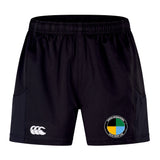 The EMB Canterbury SOCAL SANZAS RFC Advantage Short 2.0 features an elastic waistband, a white Canterbury logo on the left leg, a multicolored badge on the right, and is made with recycled content for comfort and sustainability.