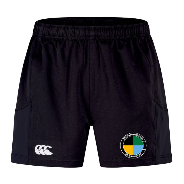 The EMB Canterbury SOCAL SANZAS RFC Advantage Short 2.0 features an elastic waistband, a white Canterbury logo on the left leg, a multicolored badge on the right, and is made with recycled content for comfort and sustainability.
