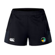 The SOCAL SANZAS RFC Women's Advantage Short 2.0 by EMB Canterbury features a white Canterbury logo on the left, a multicolored patch on the right leg, and is made from recycled sportswear material, shown against a white background.