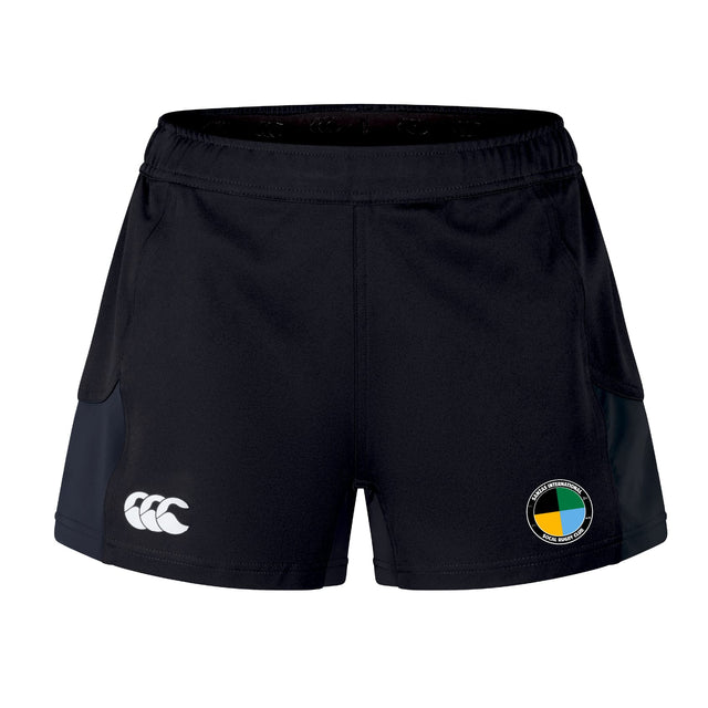 The SOCAL SANZAS RFC Women's Advantage Short 2.0 by EMB Canterbury features a white Canterbury logo on the left, a multicolored patch on the right leg, and is made from recycled sportswear material, shown against a white background.