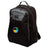 The EMB Canterbury SOCAL SANZAS RFC Medium Backpack features black fabric with gray accents, a circular multicolored logo, mesh side pocket, padded laptop compartment, and is water repellent. Shown standing upright on a white background.