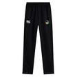The SOCAL SANZAS RFC Stretch Tapered Pant by EMB Canterbury features an elastic waistband, white Canterbury logo on the left, multicolored patch on the right, and quick-dry fabric—ideal men's workout pants for active sessions.