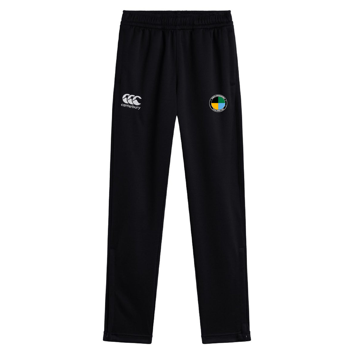 The SOCAL SANZAS RFC Stretch Tapered Pant by EMB Canterbury features an elastic waistband, white Canterbury logo on the left, multicolored patch on the right, and quick-dry fabric—ideal men's workout pants for active sessions.