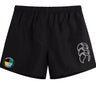 The SOCAL SANZAS RFC Tactic Short by EMB Canterbury features an elastic waistband, a white abstract logo on the right leg, and a colorful patch on the left—ideal men's rugby shorts for gym workouts or daily wear.