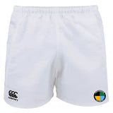 The SOCAL SANZAS RFC Advantage Rugby Shorts by EMB Canterbury feature an elastic waistband, classic Canterbury logo on the left leg, a multicolored patch on the right, and are made with moisture-wicking fabric for comfort.