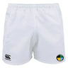 The SOCAL SANZAS RFC Advantage Rugby Shorts by EMB Canterbury feature an elastic waistband, classic Canterbury logo on the left leg, a multicolored patch on the right, and are made with moisture-wicking fabric for comfort.
