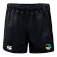 The SOCAL SANZAS RFC Advantage Rugby Shorts by EMB Canterbury are black, feature a white logo on the left leg and round colored patch on the right, and are moisture-wicking for peak rugby performance.