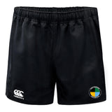 The SOCAL SANZAS RFC Advantage Rugby Shorts by EMB Canterbury are black, feature a white logo on the left leg and round colored patch on the right, and are moisture-wicking for peak rugby performance.