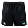 The SOCAL SANZAS RFC Advantage Rugby Shorts by EMB Canterbury are black, feature a white logo on the left leg and round colored patch on the right, and are moisture-wicking for peak rugby performance.