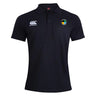 The SOCAL SANZAS RFC Waimak Polo by EMB Canterbury is a black short-sleeve polo with a collar, white "Canterbury" logo on the right chest, and a multicolored circular emblem on the left—ideal for rugby fans.