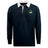 The EMB Mudoo SOCAL SANZAS RFC Classic Long Sleeve Solid Rugby Jersey features a navy body, white collar and cuffs, and a green, yellow, and black circular patch on the left chest. Made from a comfortable cotton poly blend.