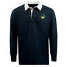 The EMB Mudoo SOCAL SANZAS RFC Classic Long Sleeve Solid Rugby Jersey features a navy body, white collar and cuffs, and a green, yellow, and black circular patch on the left chest. Made from a comfortable cotton poly blend.