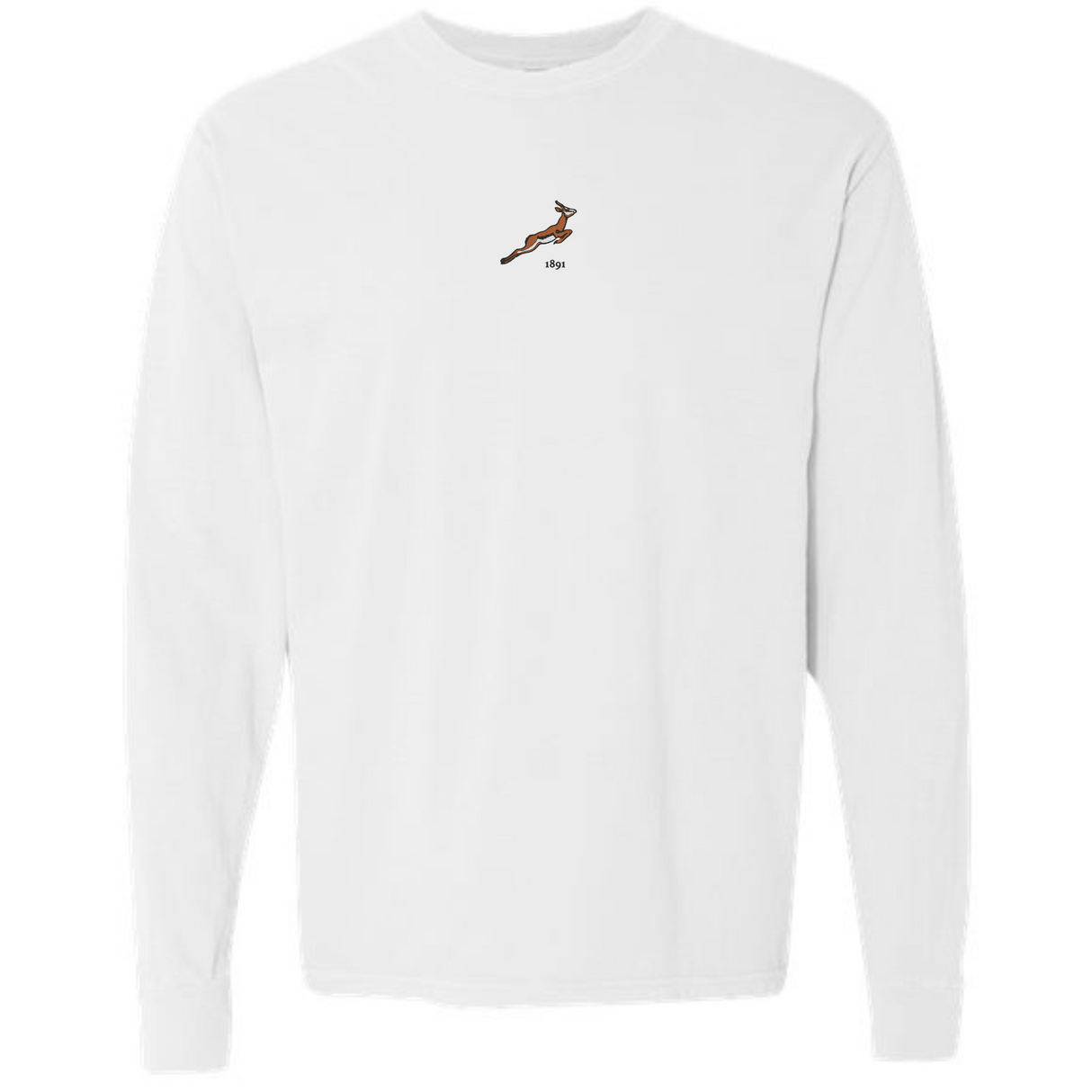 The EMB S&S Activewear South Africa Vintage Long Sleeve Comfort Tee features a chest graphic of a leaping gazelle and "Hy," inspired by South Africa.
