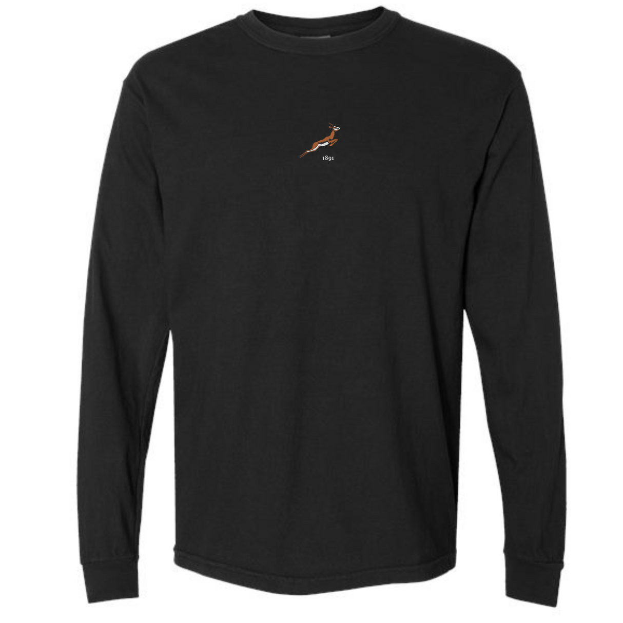 The EMB S&S Activewear South Africa Vintage Long Sleeve Comfort Tee is a black top with a small leaping antelope graphic—an iconic South African symbol—and the word "sky" on the chest.