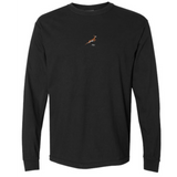 The EMB S&S Activewear South Africa Vintage Long Sleeve Comfort Tee is a black top with a small leaping antelope graphic—an iconic South African symbol—and the word "sky" on the chest.