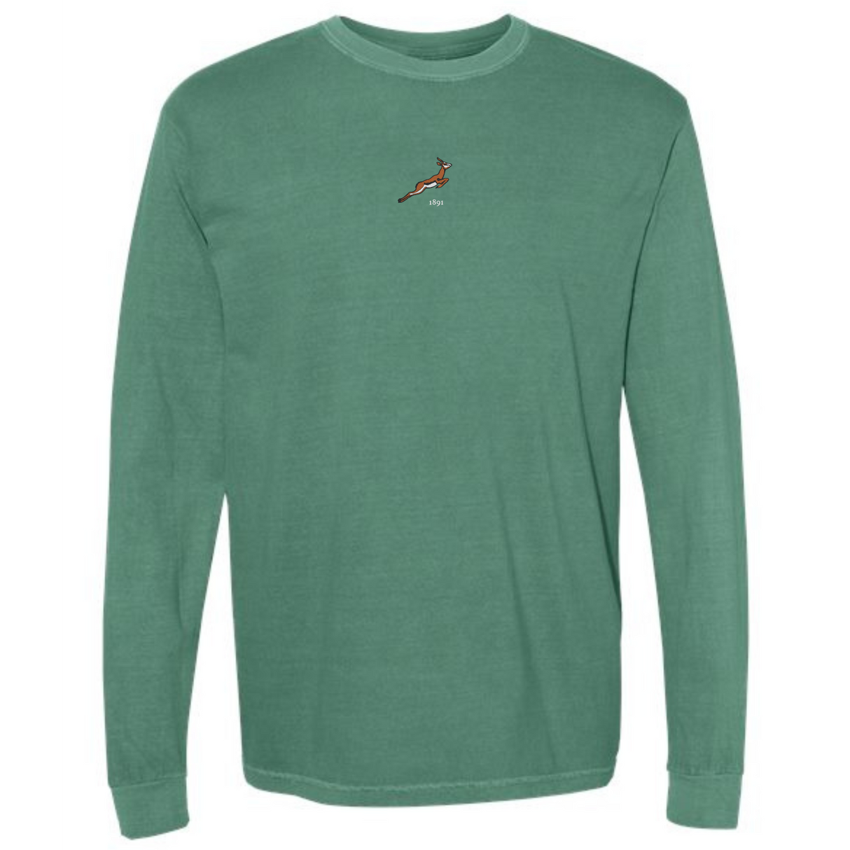 The EMB S&S Activewear South Africa Vintage Long Sleeve Comfort Tee in green features a small, simple red and white graphic centered on the chest.