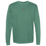 The EMB S&S Activewear South Africa Vintage Long Sleeve Comfort Tee in green features a small, simple red and white graphic centered on the chest.