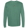 The EMB S&S Activewear South Africa Vintage Long Sleeve Comfort Tee in green features a small, simple red and white graphic centered on the chest.