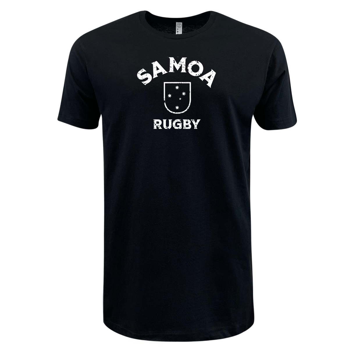 A WRS LAT supersoft black t-shirt featuring the phrase "Samoa Rugby" to pay homage to one of the prominent nations of rugby, called Nations of Rugby Samoa Rugby Supersoft Tee.