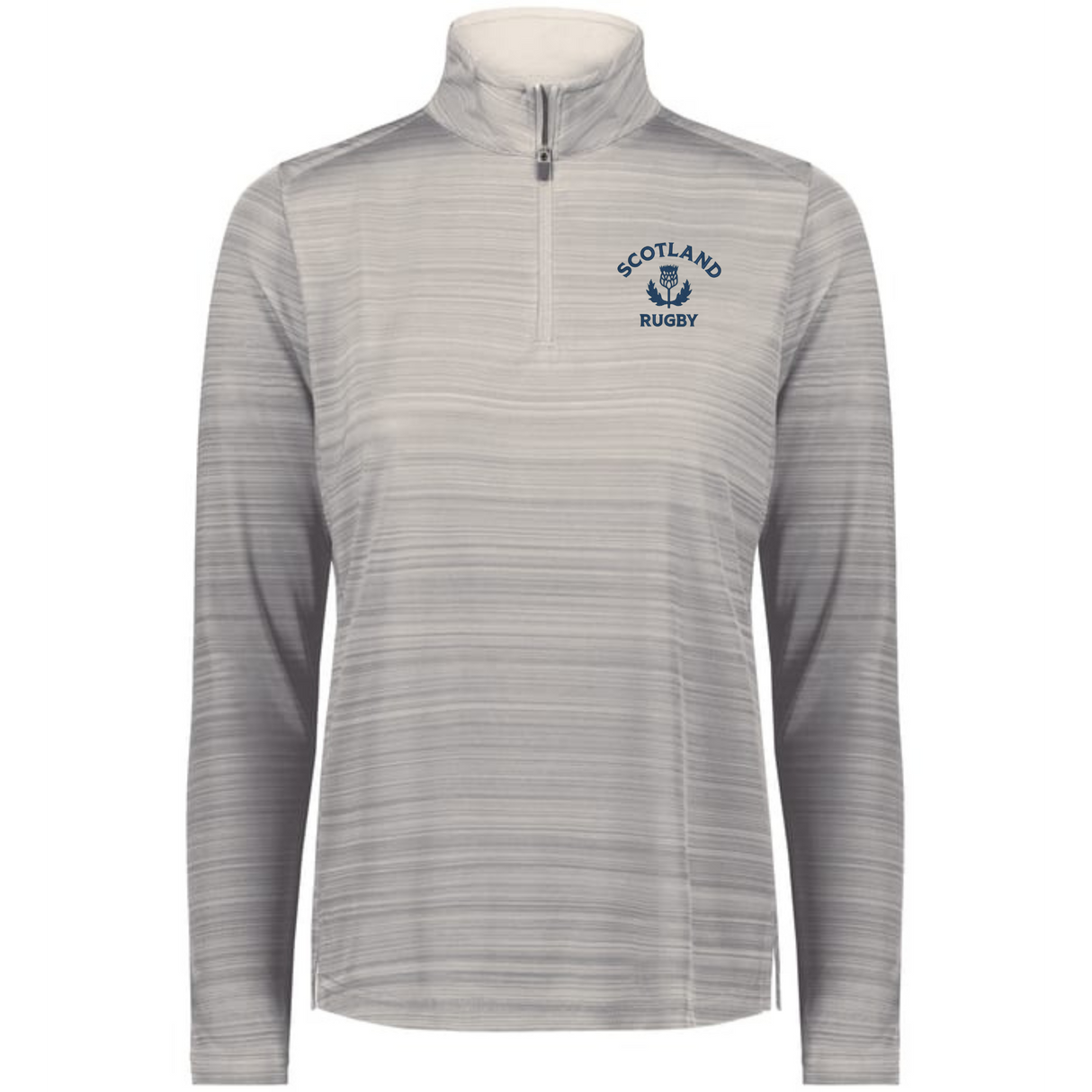 The EMB Augusta Women's Nations of Rugby Scotland Pursuit 1/4 Zip Pullover features light gray long sleeves, subtle stripes, moisture-wicking fabric, and a "Scotland Rugby" logo on the left chest.